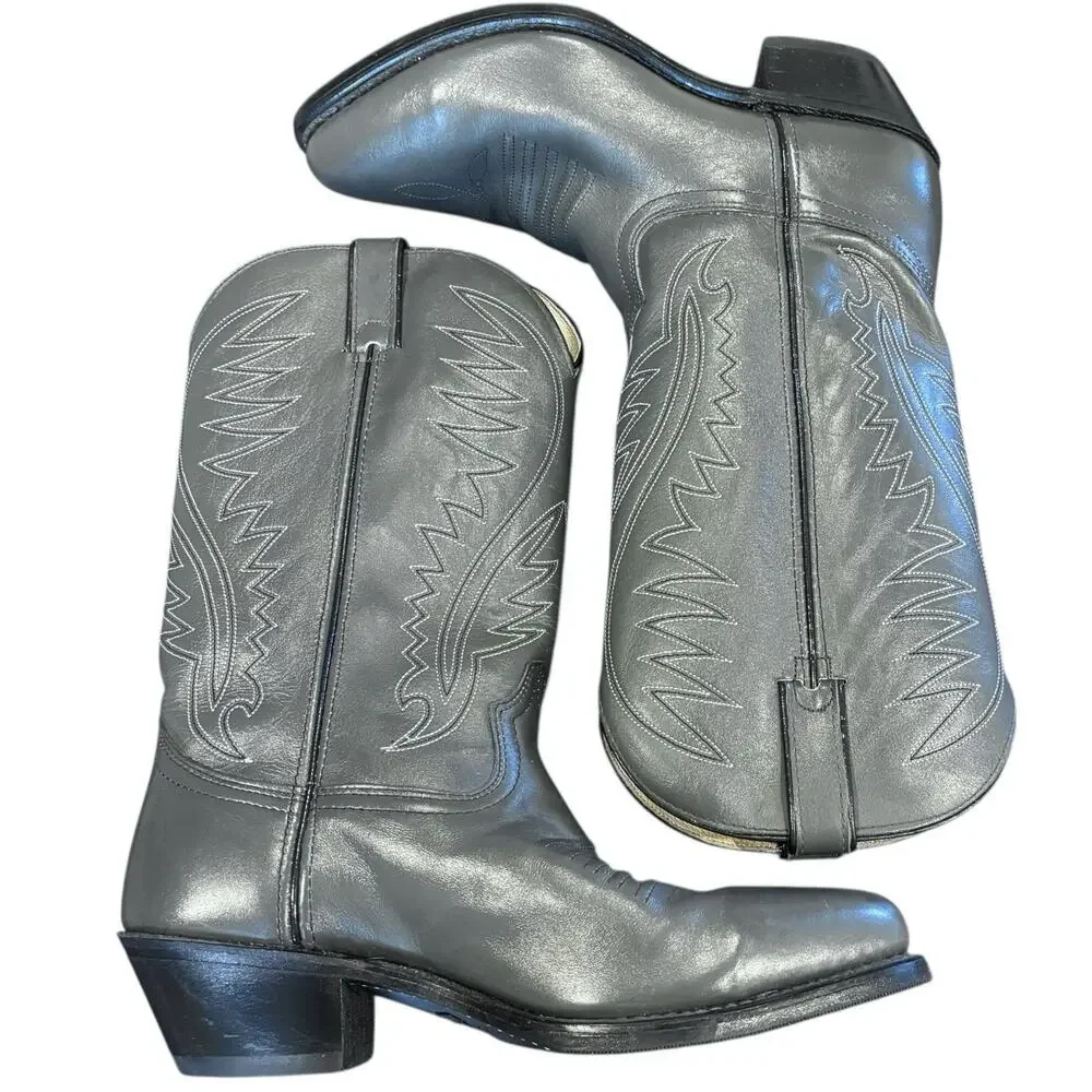 Vintage Lehigh Steel Toe Gray Leather Cowboy Boots Vibram Sole Men's 8.5D